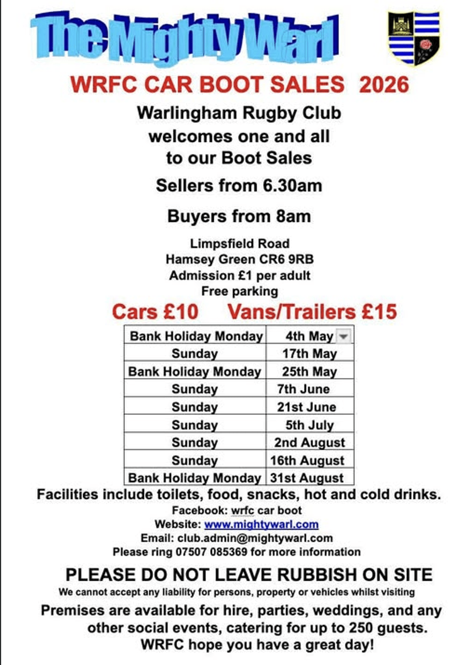 Car boot sale dates 2026